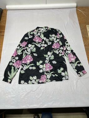 Black Floral Button-Up Shirt with Pink & Green Blooms